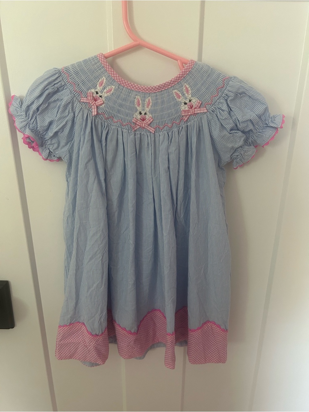 Girls Seersucker Smocked Dress with Bunnies